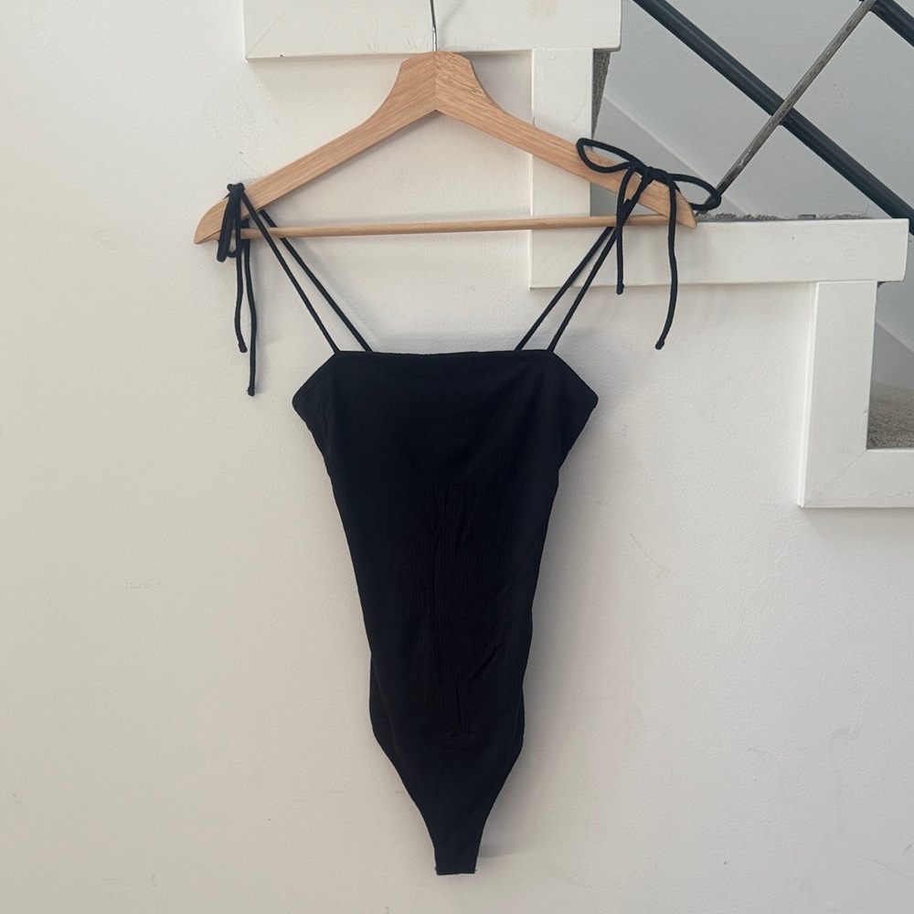 Abercrombie & Fitch Black Knit Spaghetti Strap Tie Bodysuit